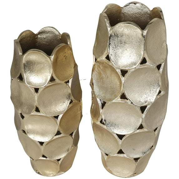 DecMode 13", 11"H Geometric Open Framed Gold Aluminum Metal Vase with Circular Plates, Set of 2