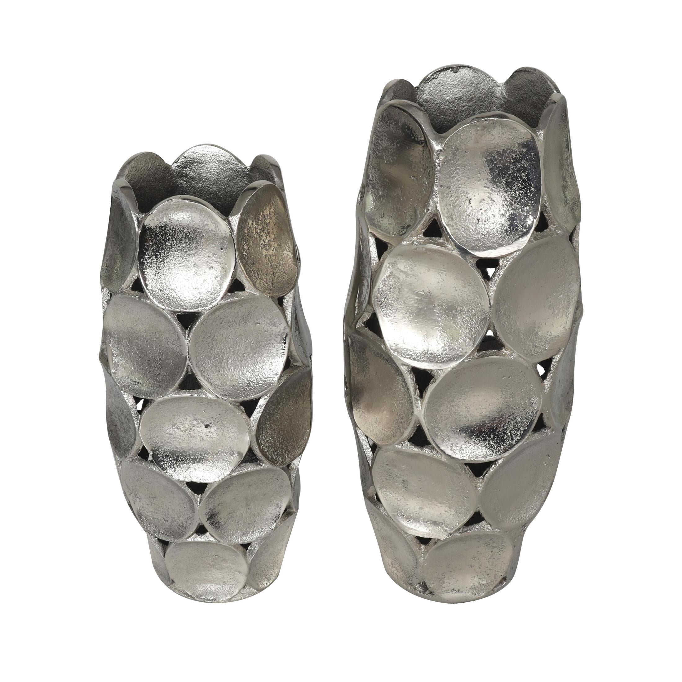 DecMode 13", 11"H Geometric Open Framed Silver Aluminum Metal Vase with Circular Plates, Set of 2