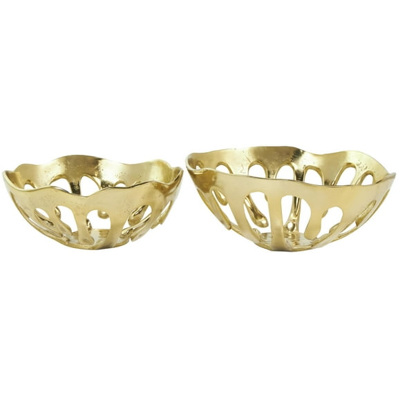 DecMode 13", 11"H Round Drip Gold Aluminum Metal Decorative Bowl with Open Frame Design, Set of 2