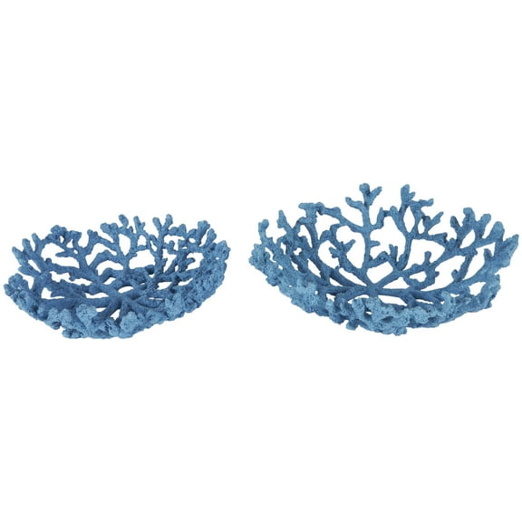 DecMode 13", 12"W Asymmetrical Textured Coral Blue Resin Decorative Bowl, Set of 2