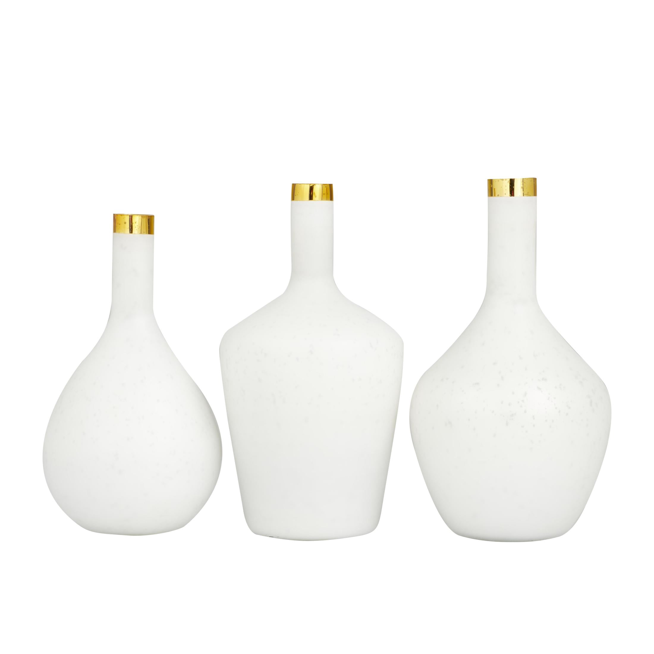 DecMode 13", 14", 13"H White Glass Vase with Gold Rim, Set of 3