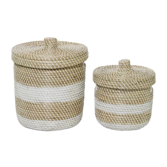 DecMode 13", 17"H Brown Seagrass Handmade Woven Two-Toned White Storage Basket with Matching Lids, 2-Pieces