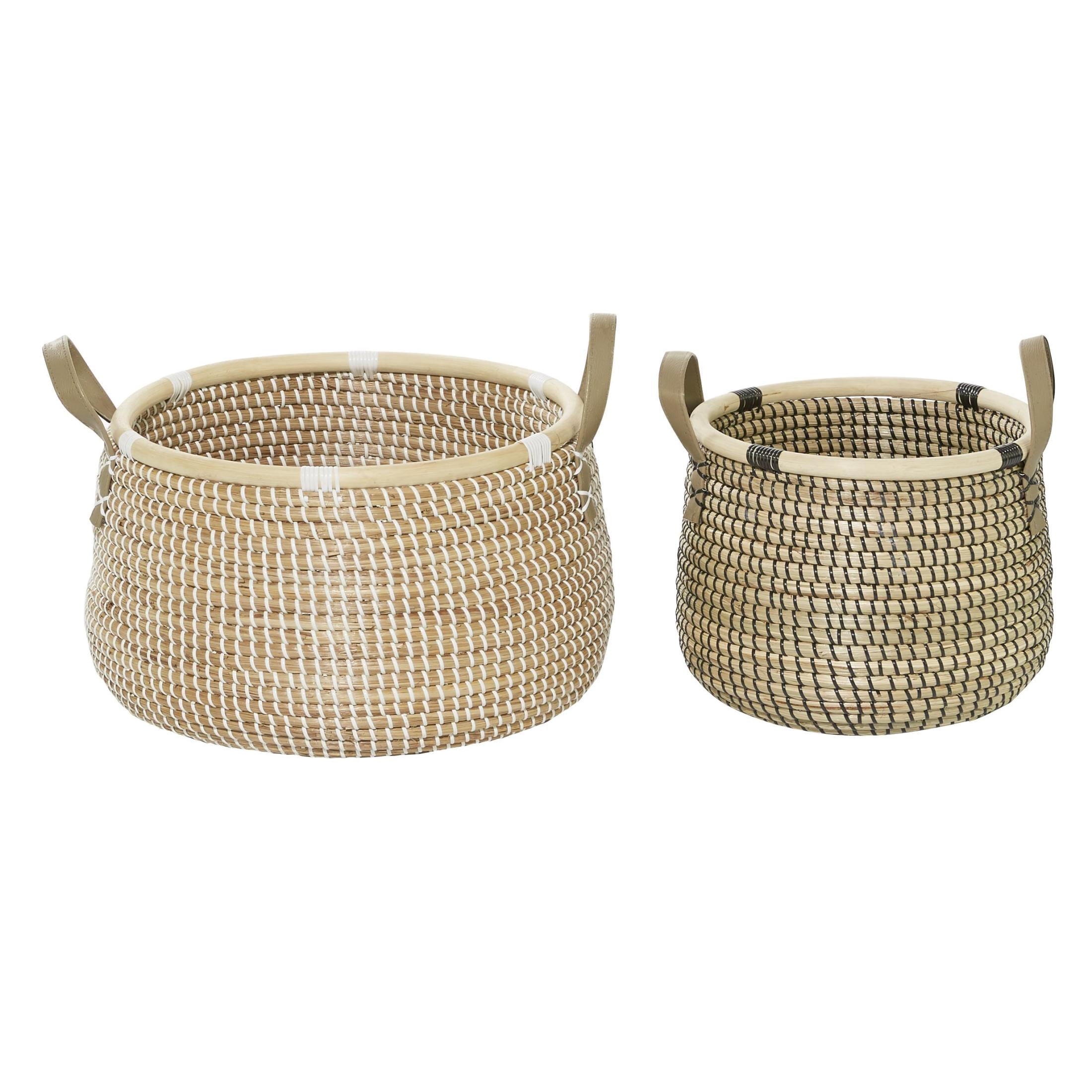 DecMode 13", 18"W Brown Banana Leaf Handmade Storage Basket with Handles, 2-Pieces