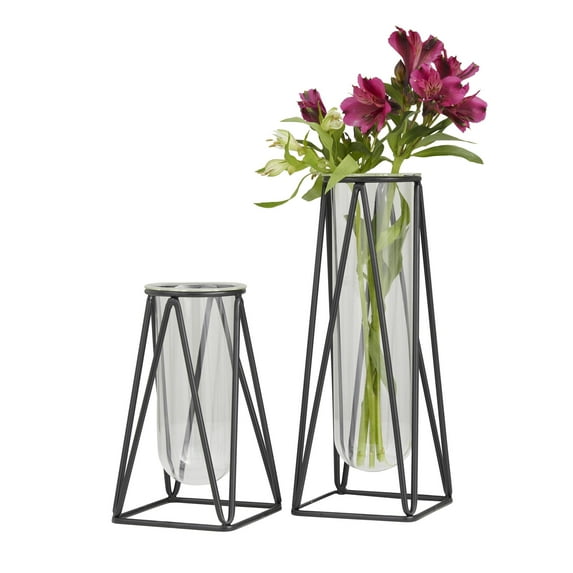 DecMode 13", 9"H Geometric Tube Black Glass Vase with Metal Stand, Set of 2