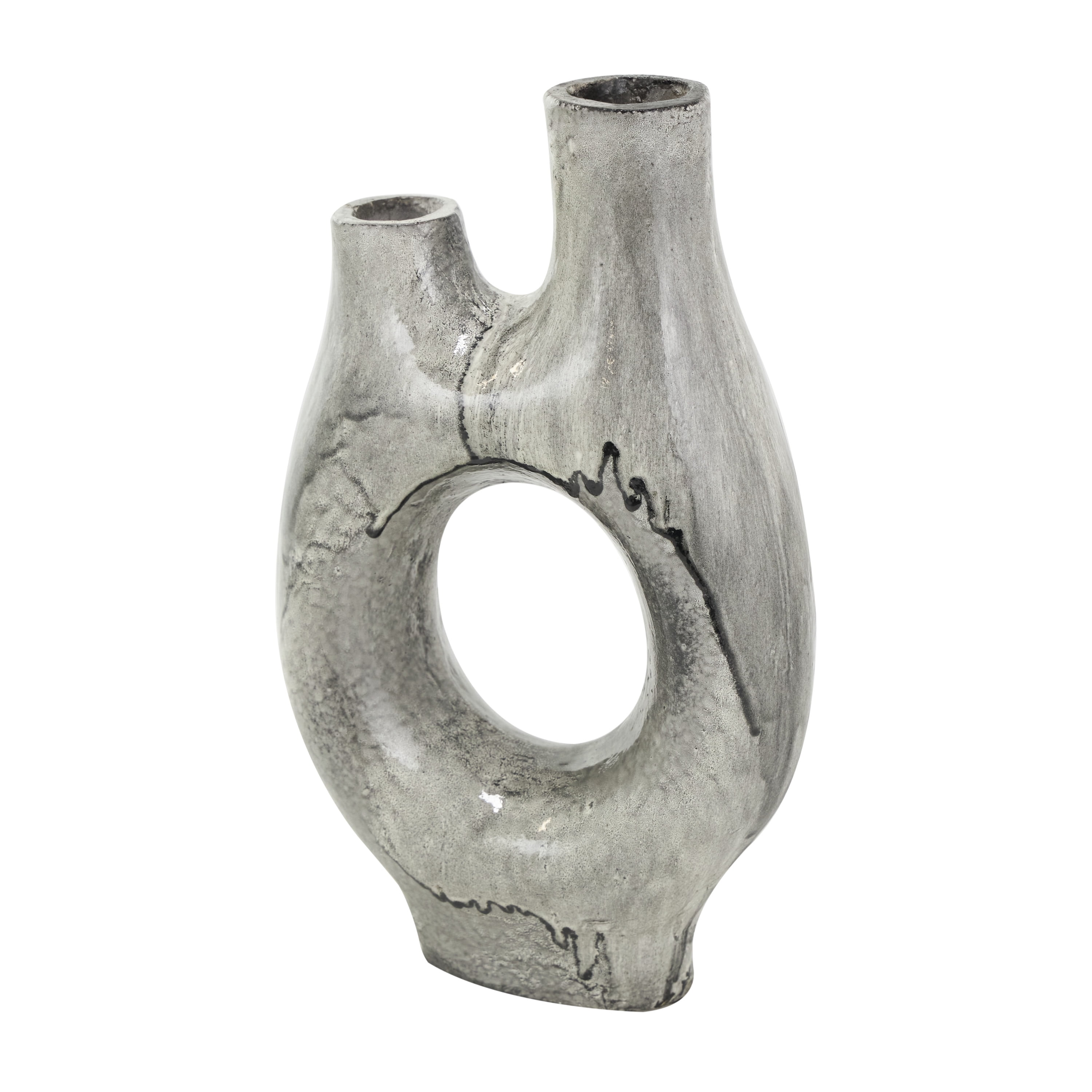 DecMode 13" Abstract Circular Gray Paper Mache Vase with Dual Openings