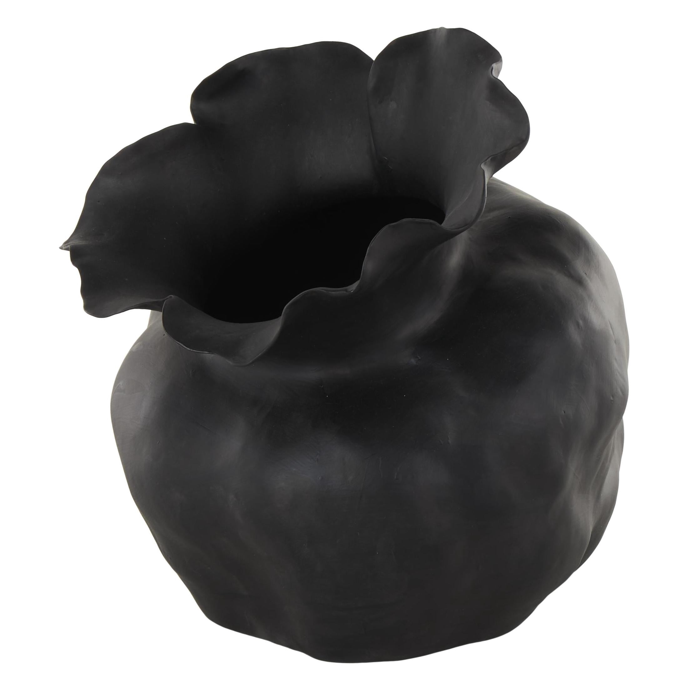 DecMode 13" Abstract Wide Rounded Floral Shaped Black Ceramic Vase with Petal Rim