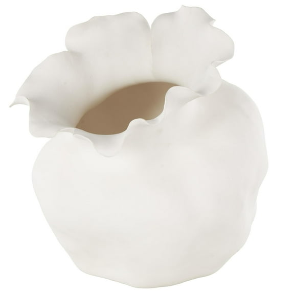 DecMode 13" Abstract Wide Rounded Floral Shaped White Ceramic Vase with Petal Rim