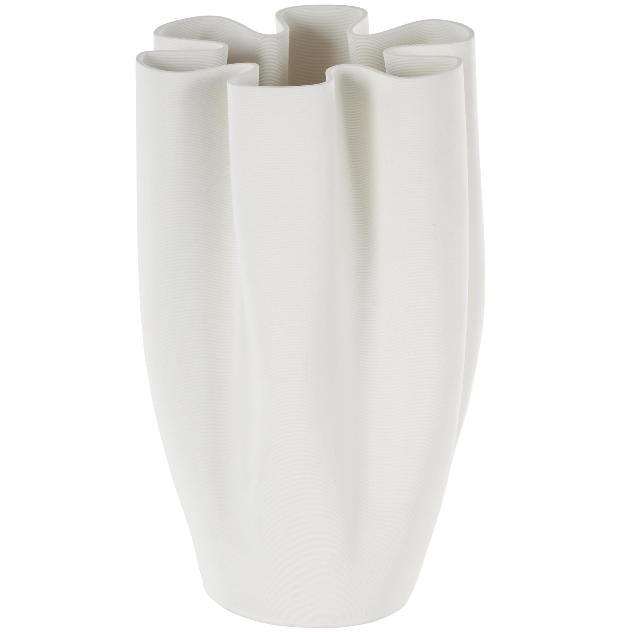 DecMode 13" Abstract Ribbed Dimensional Folded White Ceramic Vase with Floral Shaped Rim
