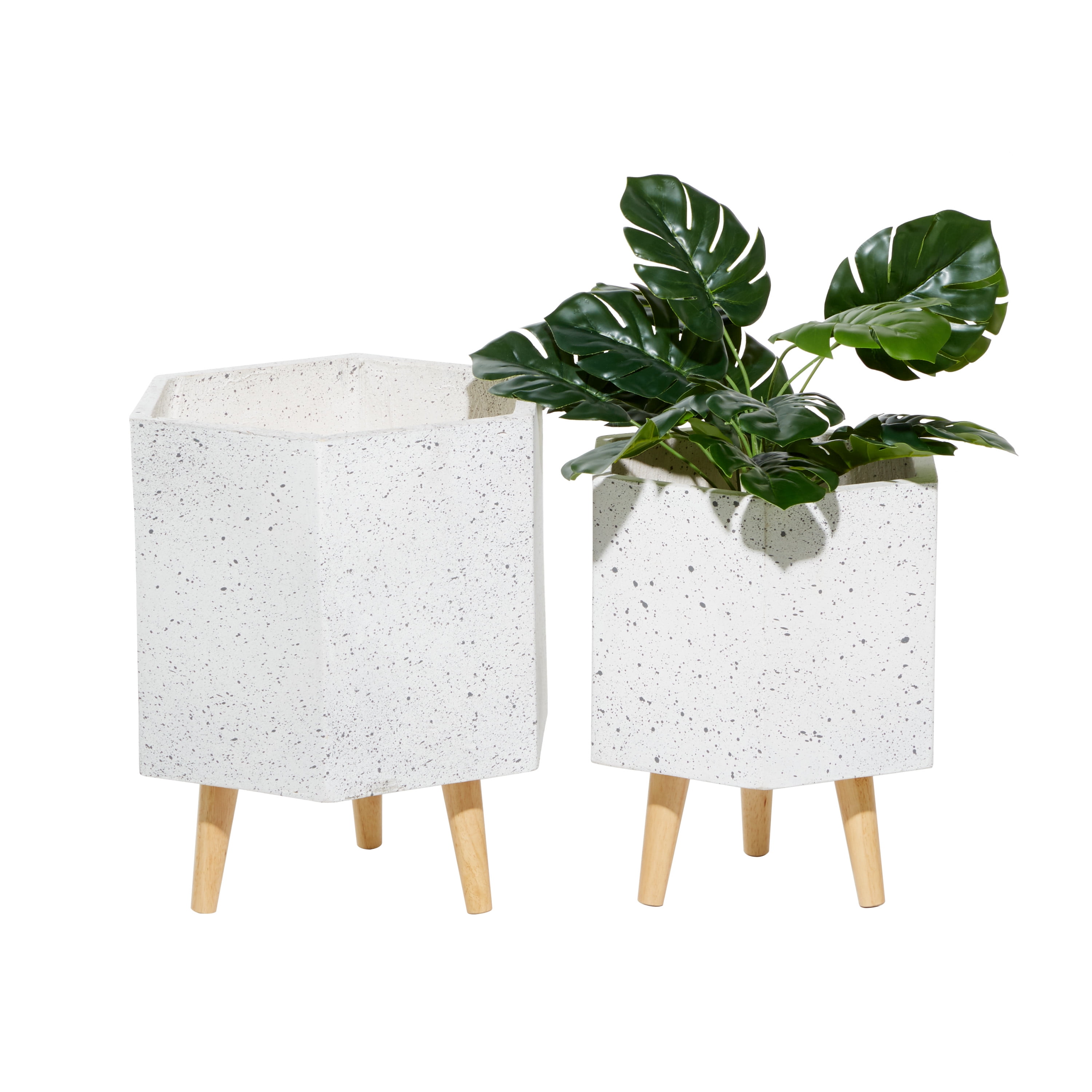 Set of 2 White Hexagonal Fiber Clay Planters with Wooden Legs