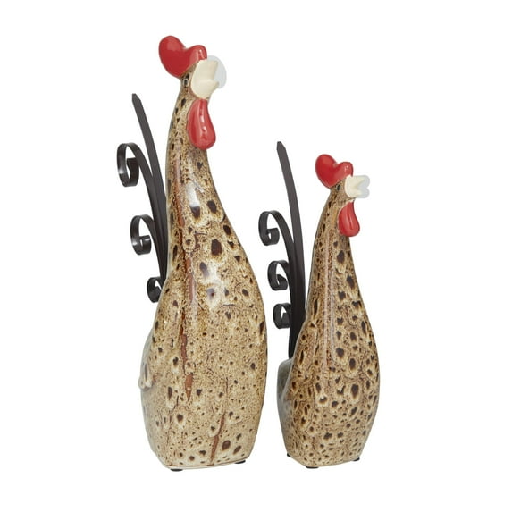 DecMode 10" Indoor Outdoor Standing Rooster Garden Sculpture with Reactive Glaze Finish (2 Pack)