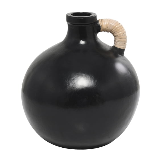 DecMode 13" Jug Inspired Black Ceramic Vase with Rattan Wrapped Handle