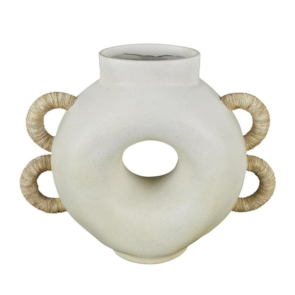 DecMode 13" Geometric Round Speckled Cream Resin Vase with Woven Inspired Arched Handles and Cutout Opening