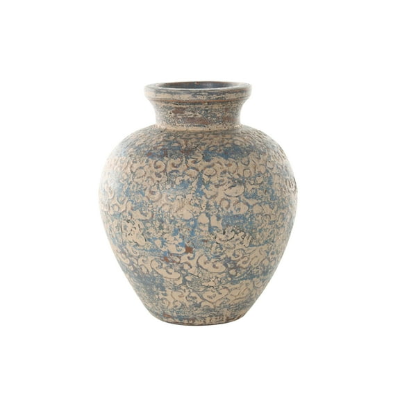DecMode 13" Scroll Handmade Antique Style Wide Rounded Beige Ceramic Vase with Blue and Copper Accents