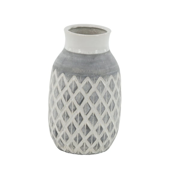 DecMode 13" White Ceramic Vase with Diamond Pattern