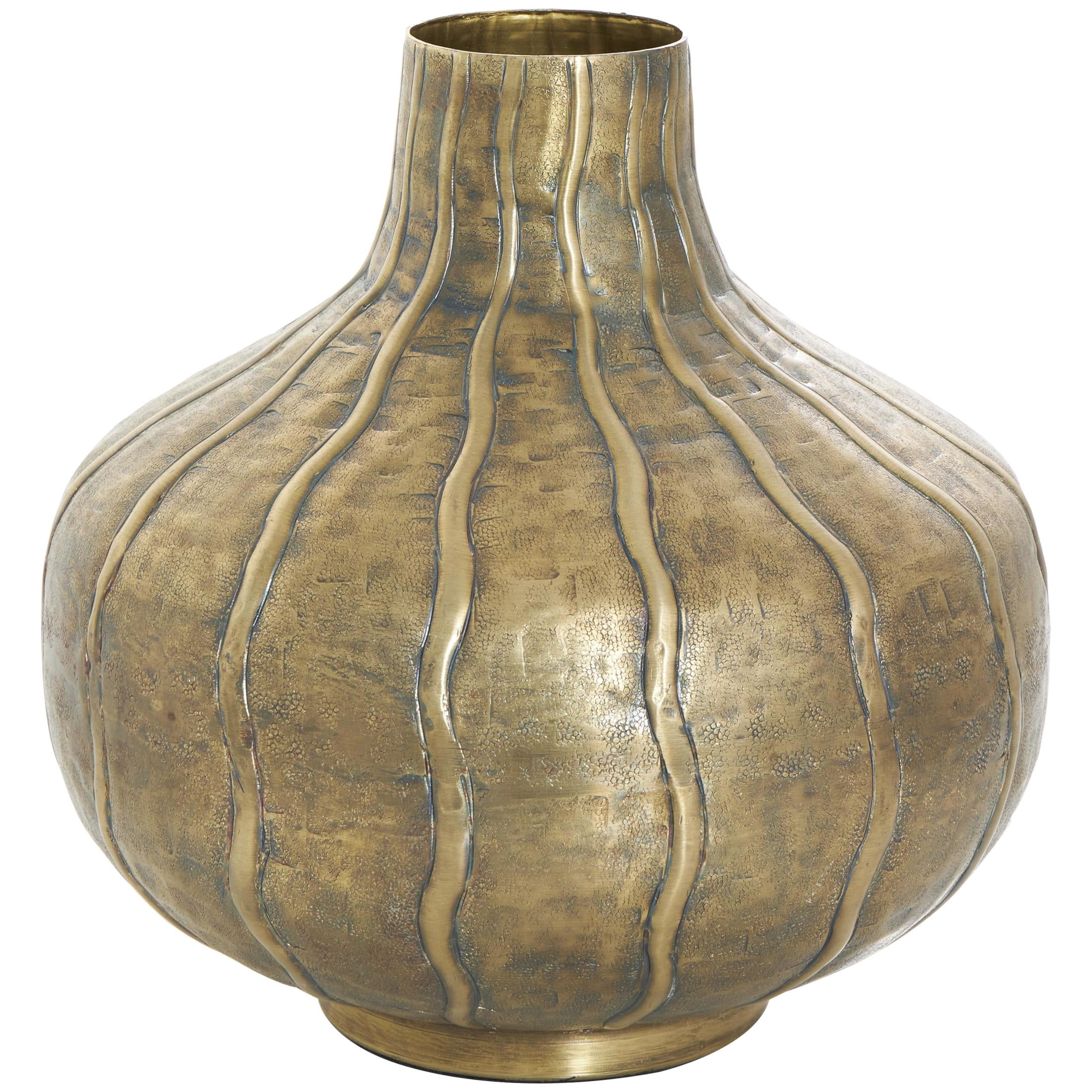 DecMode 13" Wide Snakeskin Inspired Brass Metal Vase with Dimensional Wavy Accents