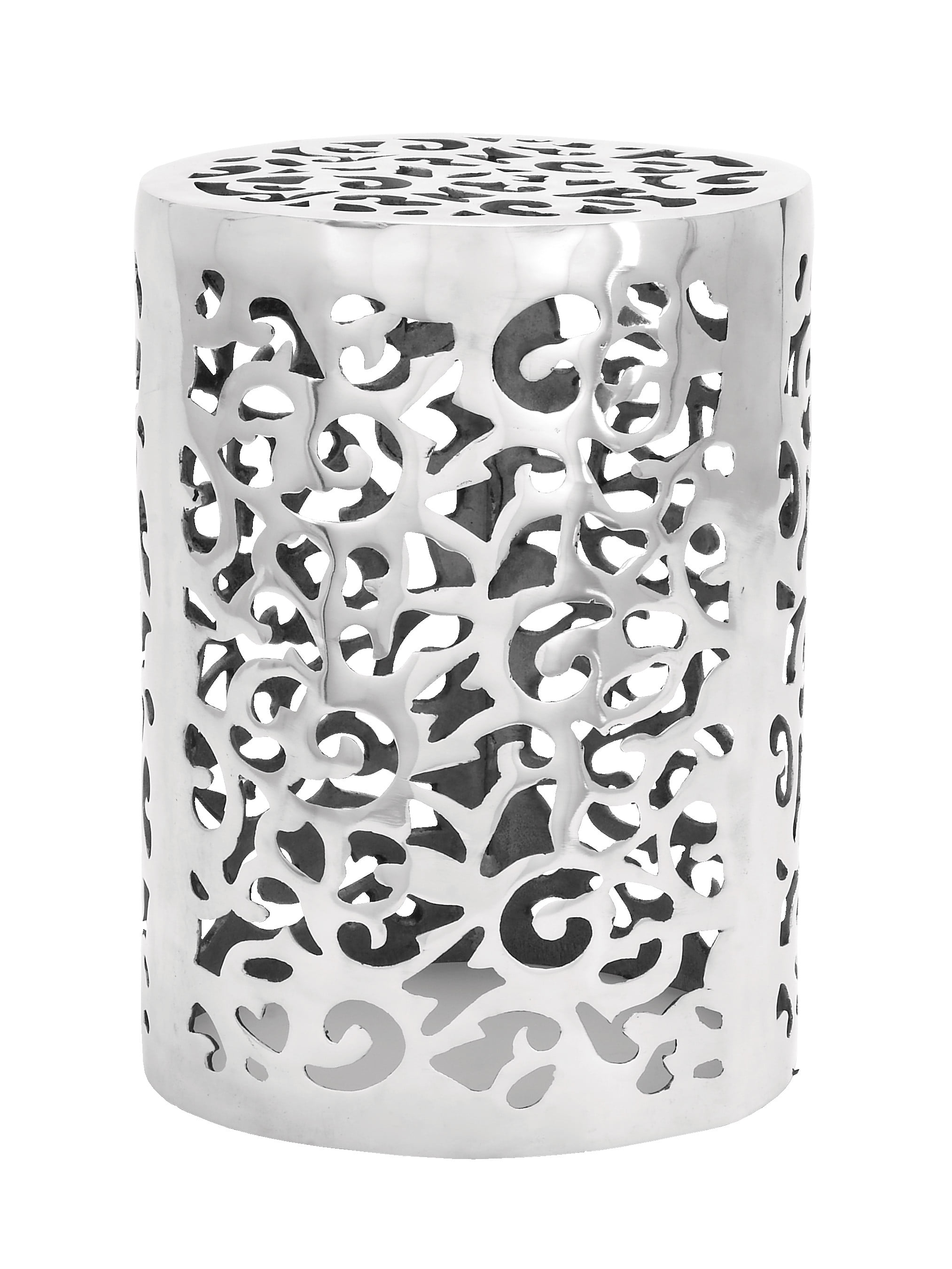Polished Silver Round Metal Accent Table with Precision Cut Design