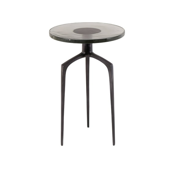 DecMode 13" x 22" Black Aluminum Metal Small Tripod Accent Table with Textured Glass Tabletop, 1-Piece