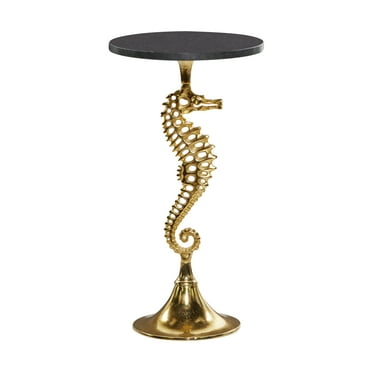 DecMode 13" x 25" Gold Aluminum Sea Horse Accent Table with Black Marble Table Top, 1-Piece