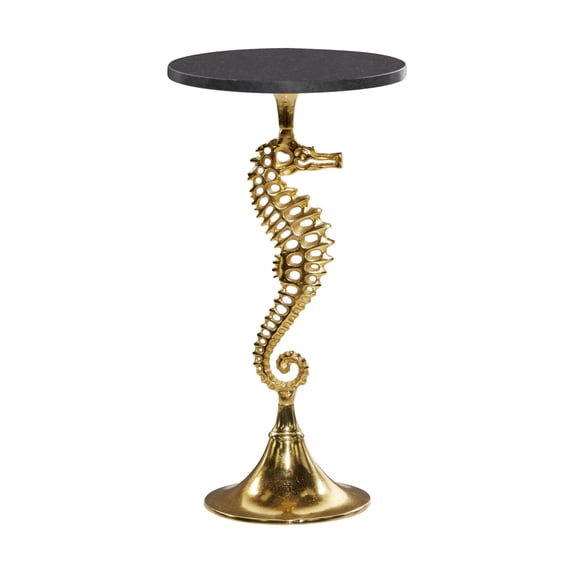 DecMode 13" x 25" Gold Aluminum Metal Pedestal Sea Horse Accent Table with Black Marble Tabletop, 1-Piece