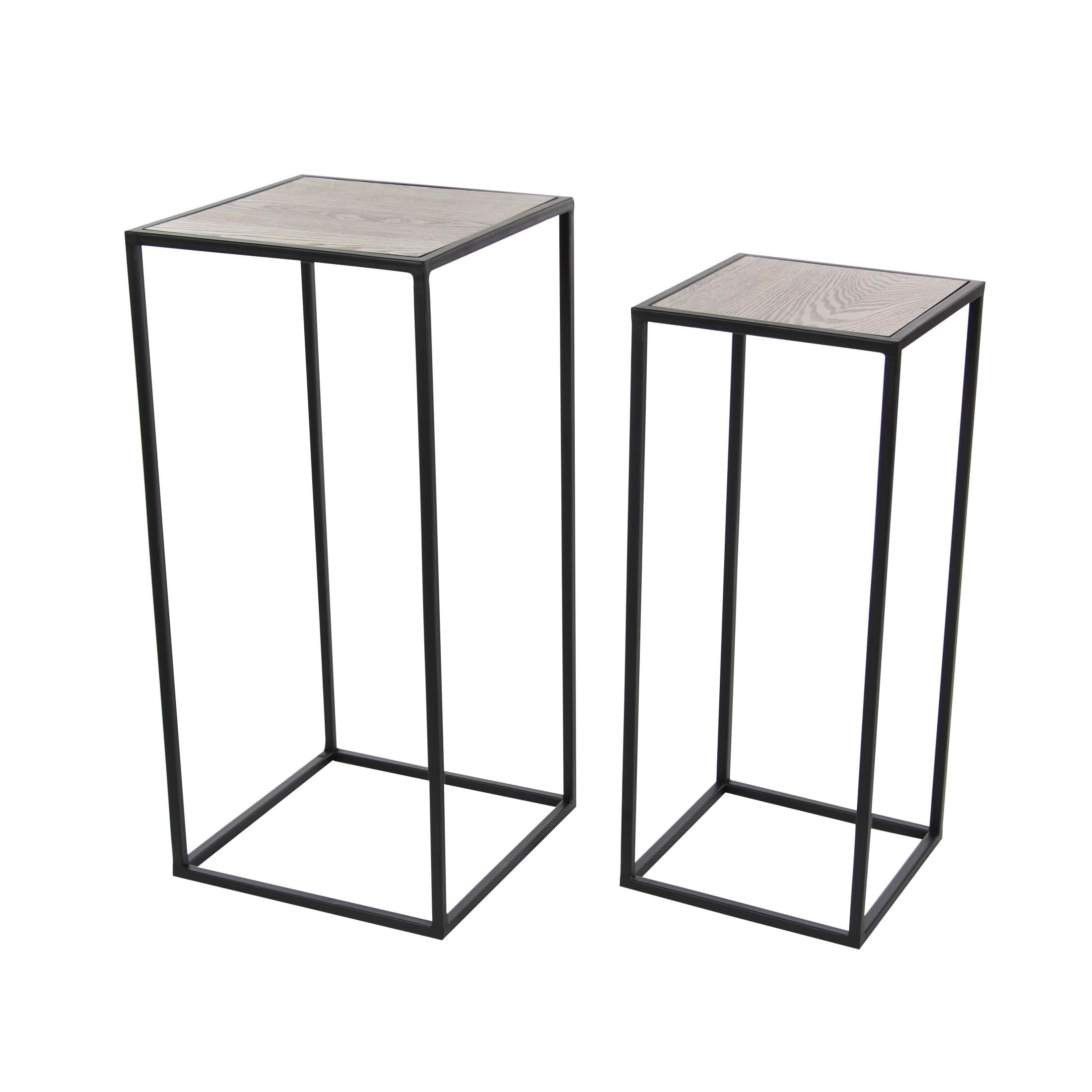 DecMode 10" x 25" Black Metal Rectangle Pedestal Accent Table with Brown Wood Tops, 2-Pieces