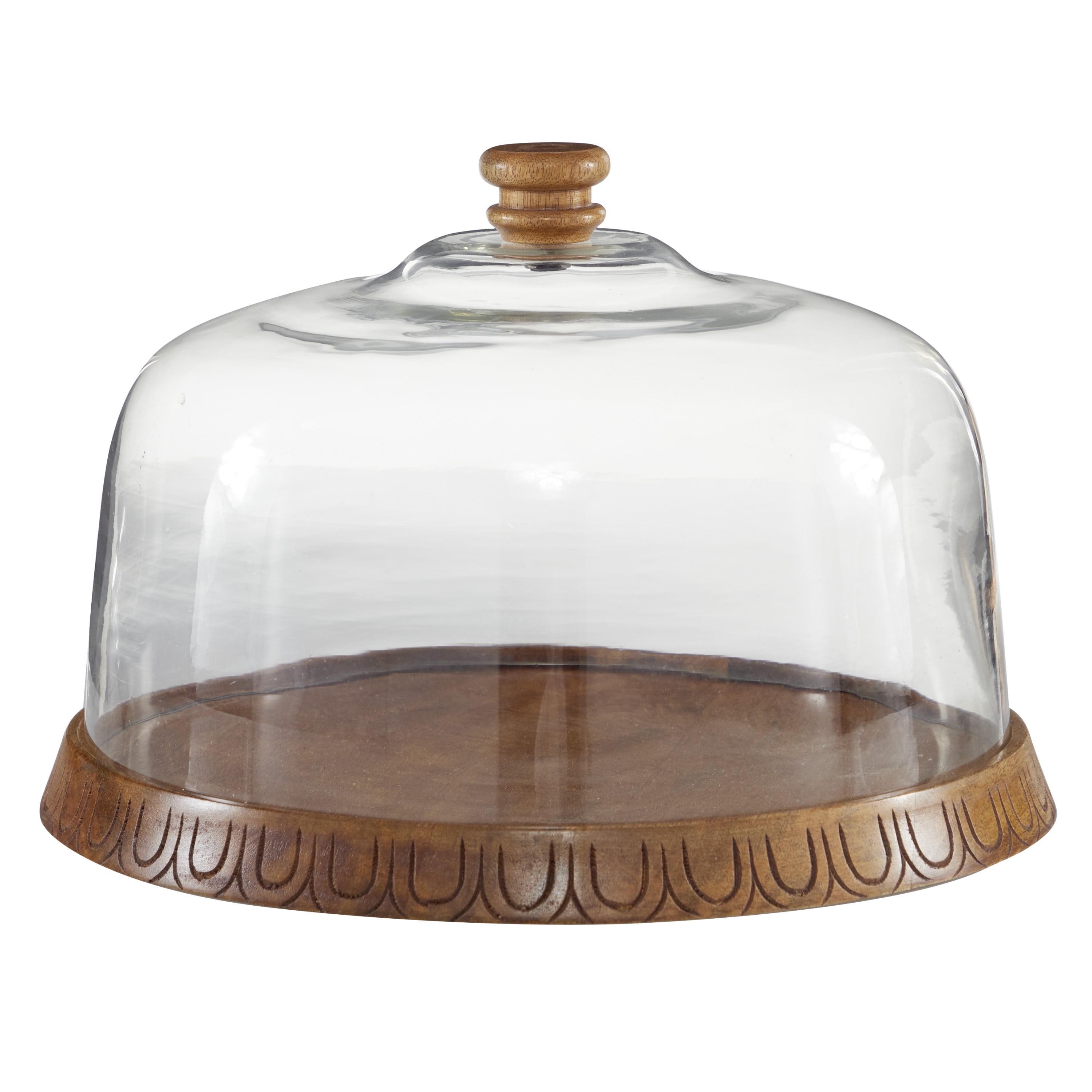 DecMode 13" x 9" Brown Wood Cake Stand with Glass Lid, 1-Piece