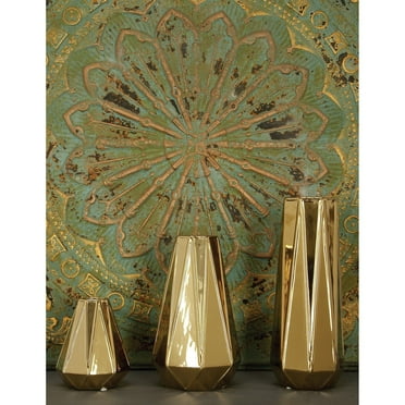 DecMode 14", 11", 7"H Geometric Gold Ceramic Vase, Set of 3