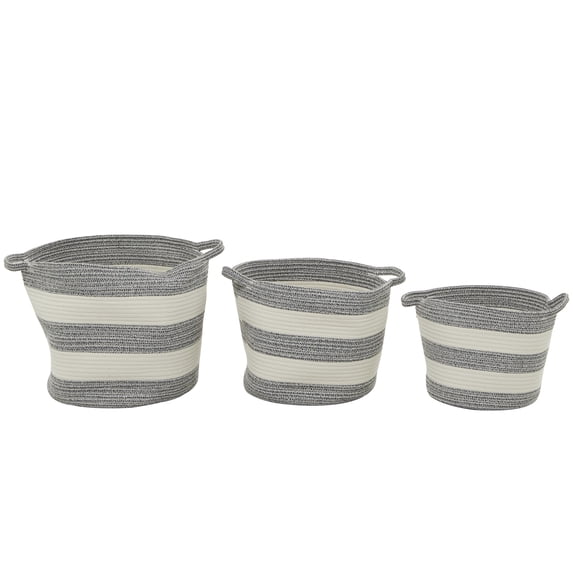 DecMode 14", 12", 10"H Gray Cotton Handmade Striped Storage Basket with Handles, 3-Pieces