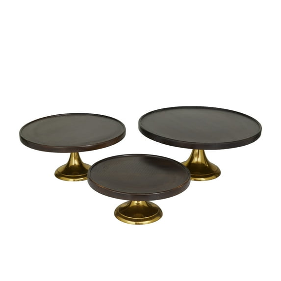 DecMode 14", 12", 10"W Dark Brown Mango Wood Cake Stand with Gold Aluminum Bases, 3-Pieces