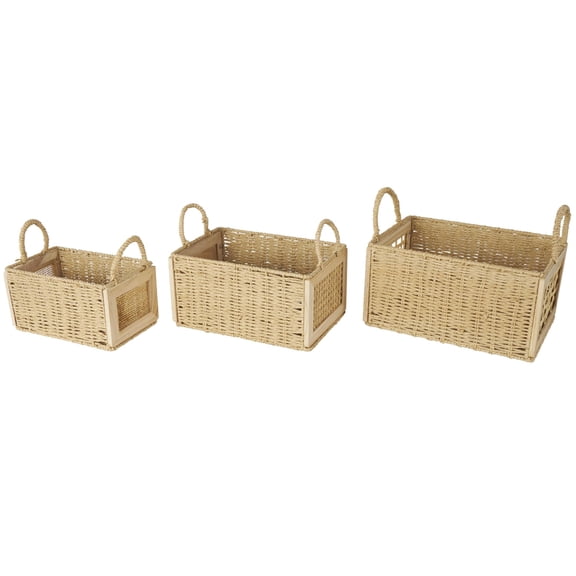 DecMode 14", 12", 11"W Brown Rattan Woven Storage Basket with Rope Handles, 3-Pieces