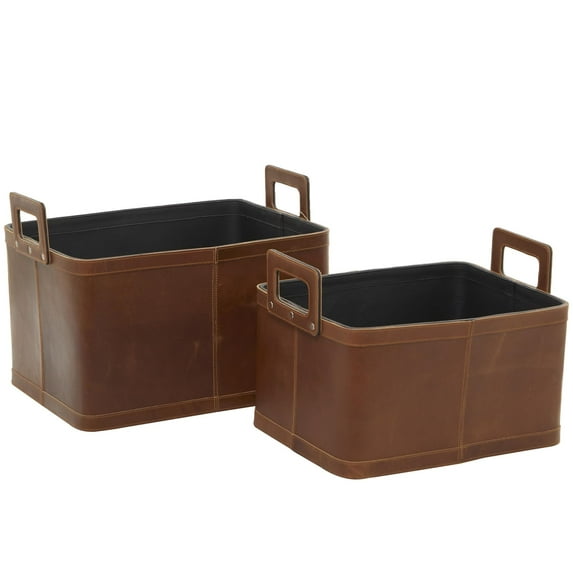 DecMode 14", 12"H Brown Leather Handmade Storage Basket with Handles, 2-Pieces