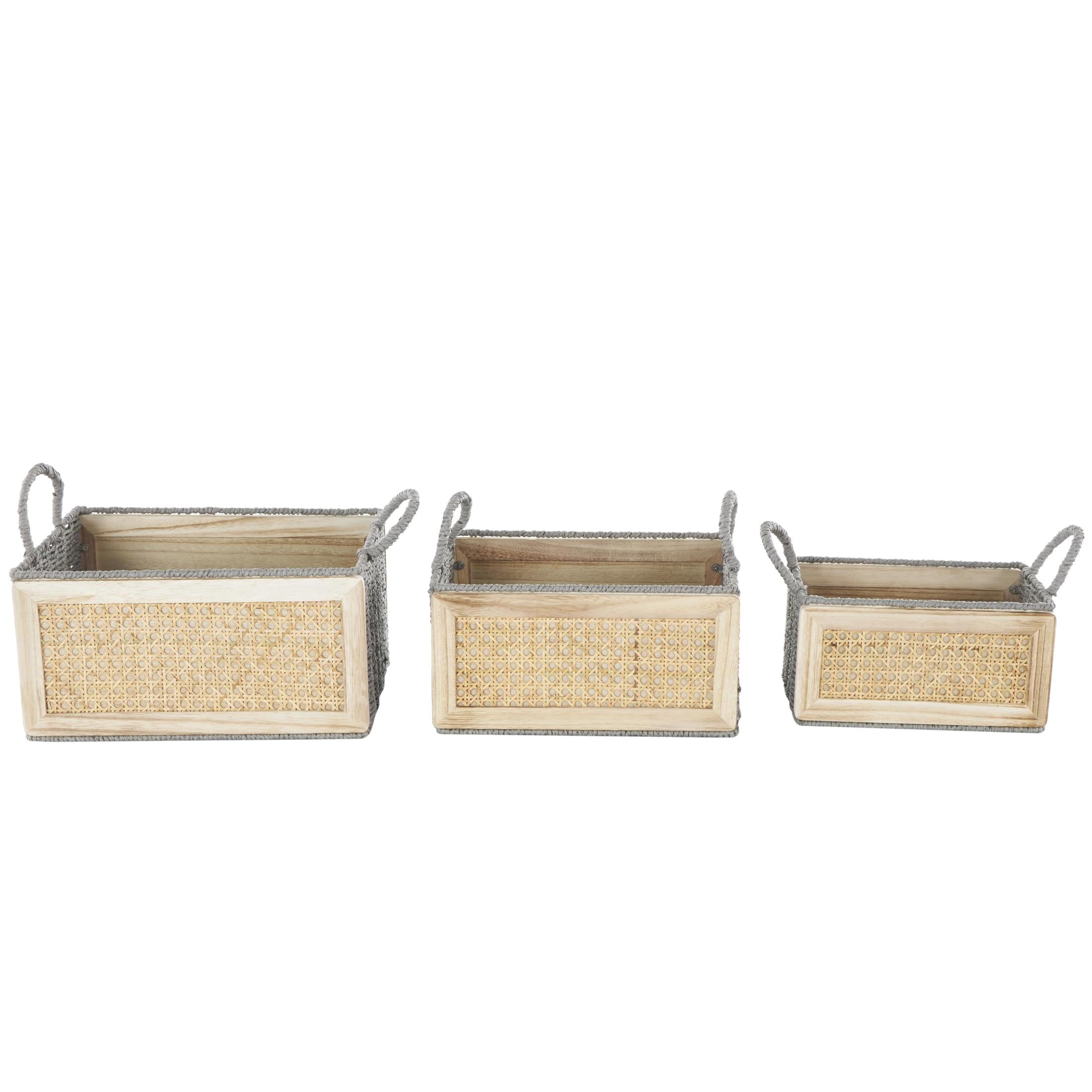 DecMode 14, 13, 10"W Brown Rattan Woven Storage Basket with Rope Handles, 3-Pieces