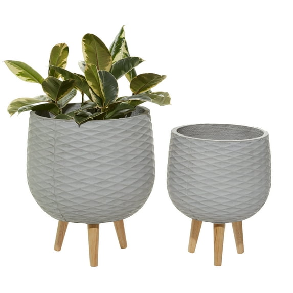 DecMode 14", 15" Light Grey Ceramic Contemporary Planter, 2 - Pieces