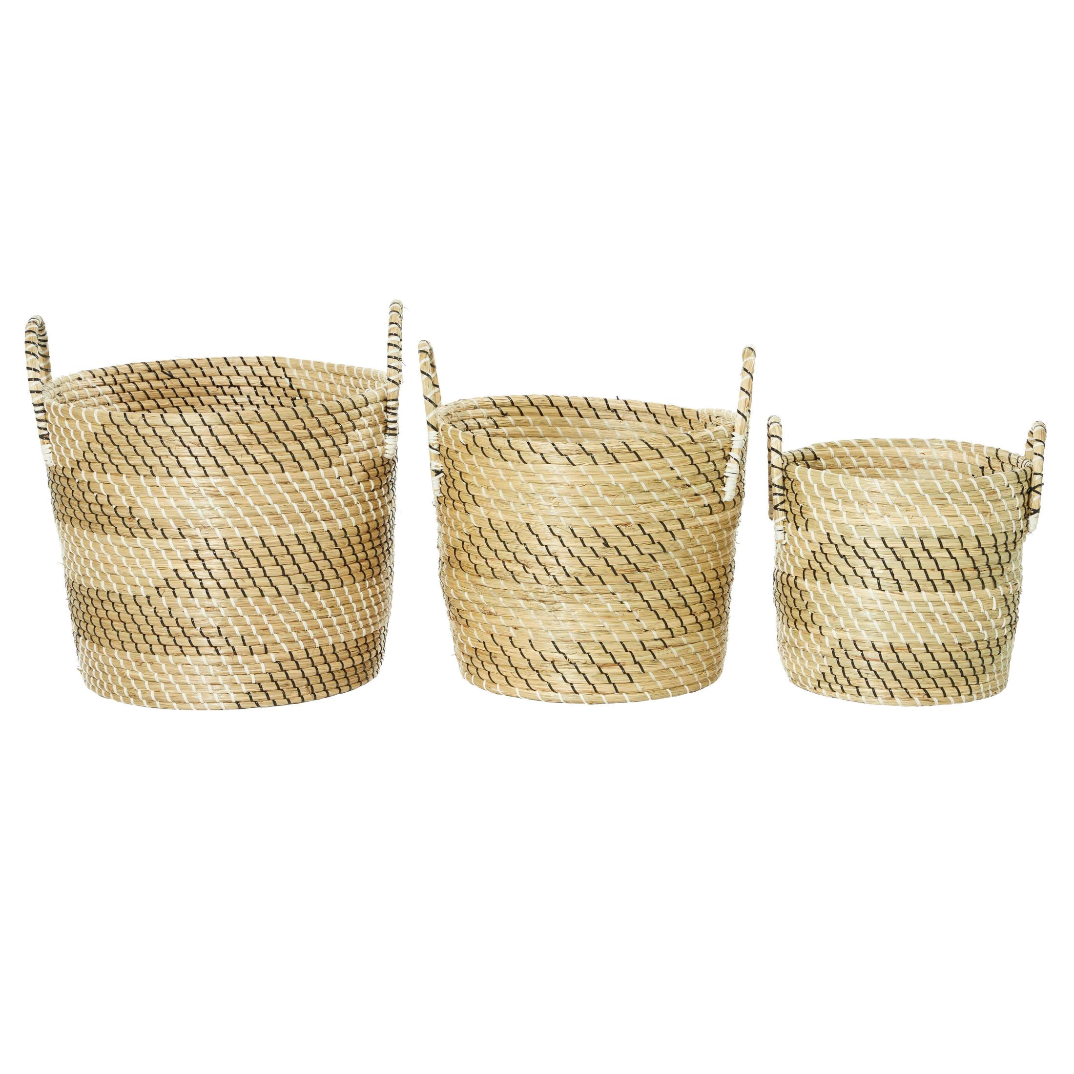 DecMode 14", 17", 19"H Beige Seagrass Handmade Woven Storage Basket with Black and White Zig Zag Pattern, 3-Pieces