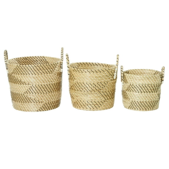 DecMode 14", 17", 19"H Beige Seagrass Handmade Woven Storage Basket with Black and White Zig Zag Pattern, 3-Pieces