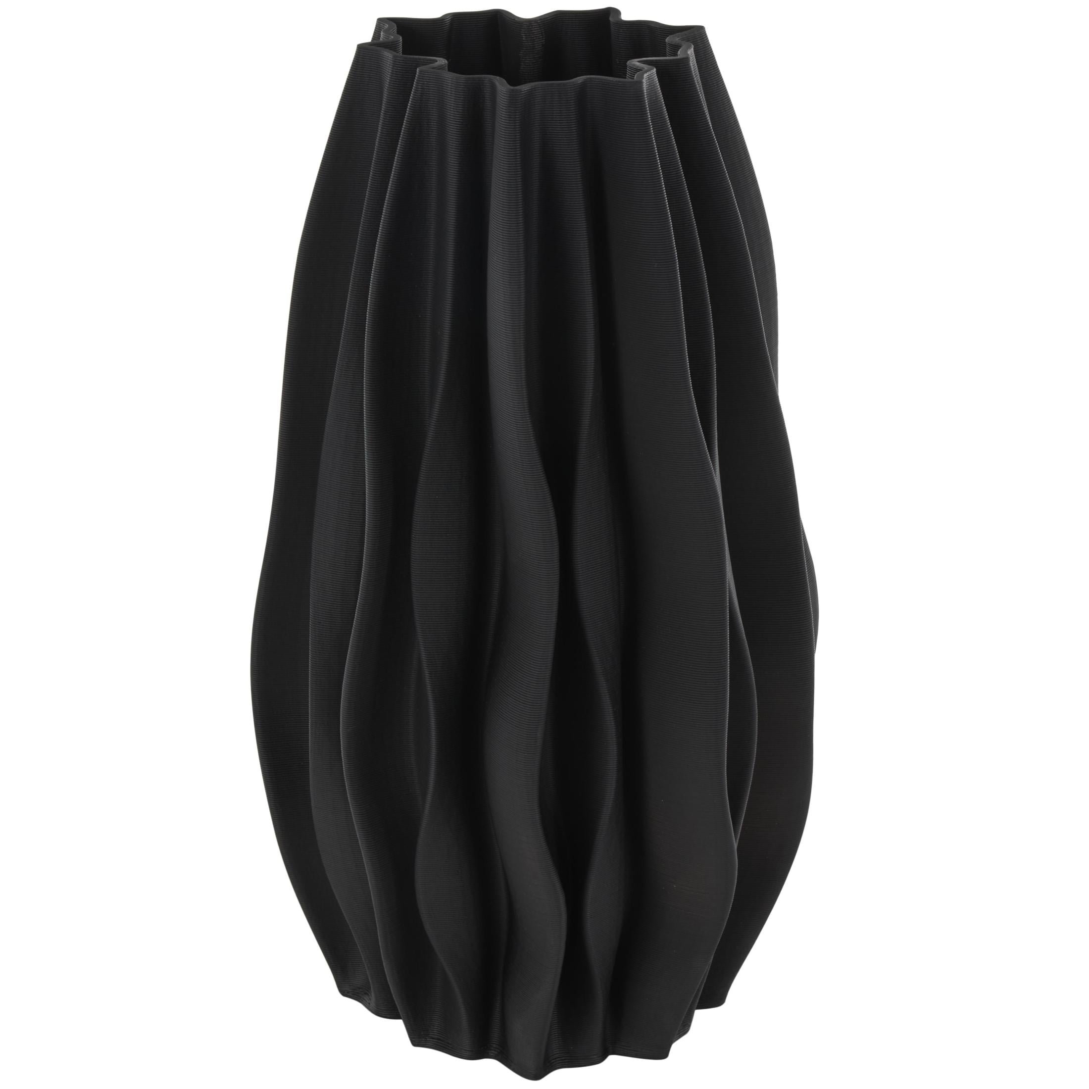 DecMode 14" Abstract Dimensional Wavy Ribbed Black Ceramic Vase with Floral Shaped Rim