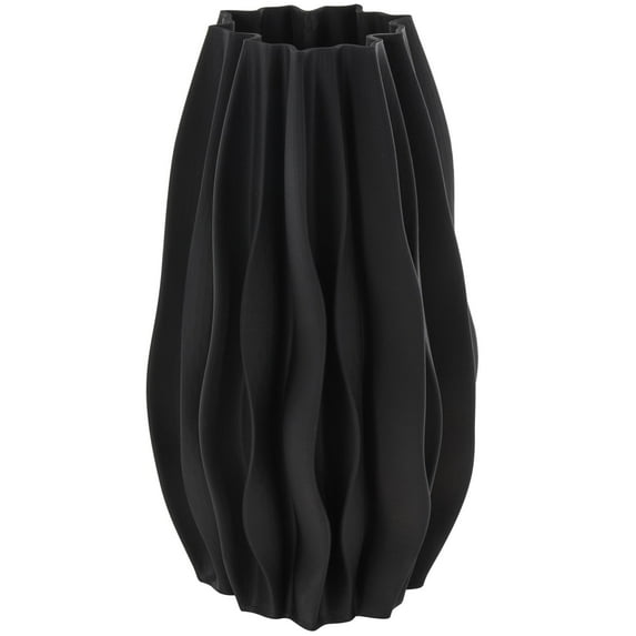 DecMode 14" Abstract Dimensional Wavy Ribbed Black Ceramic Vase with Floral Shaped Rim