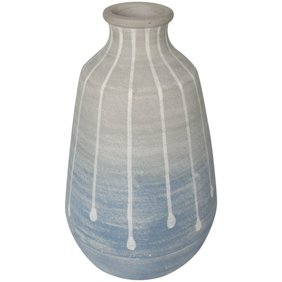 DecMode 14" Abstract Ombre Drip Blue Ceramic Vase with Gray and White Accents