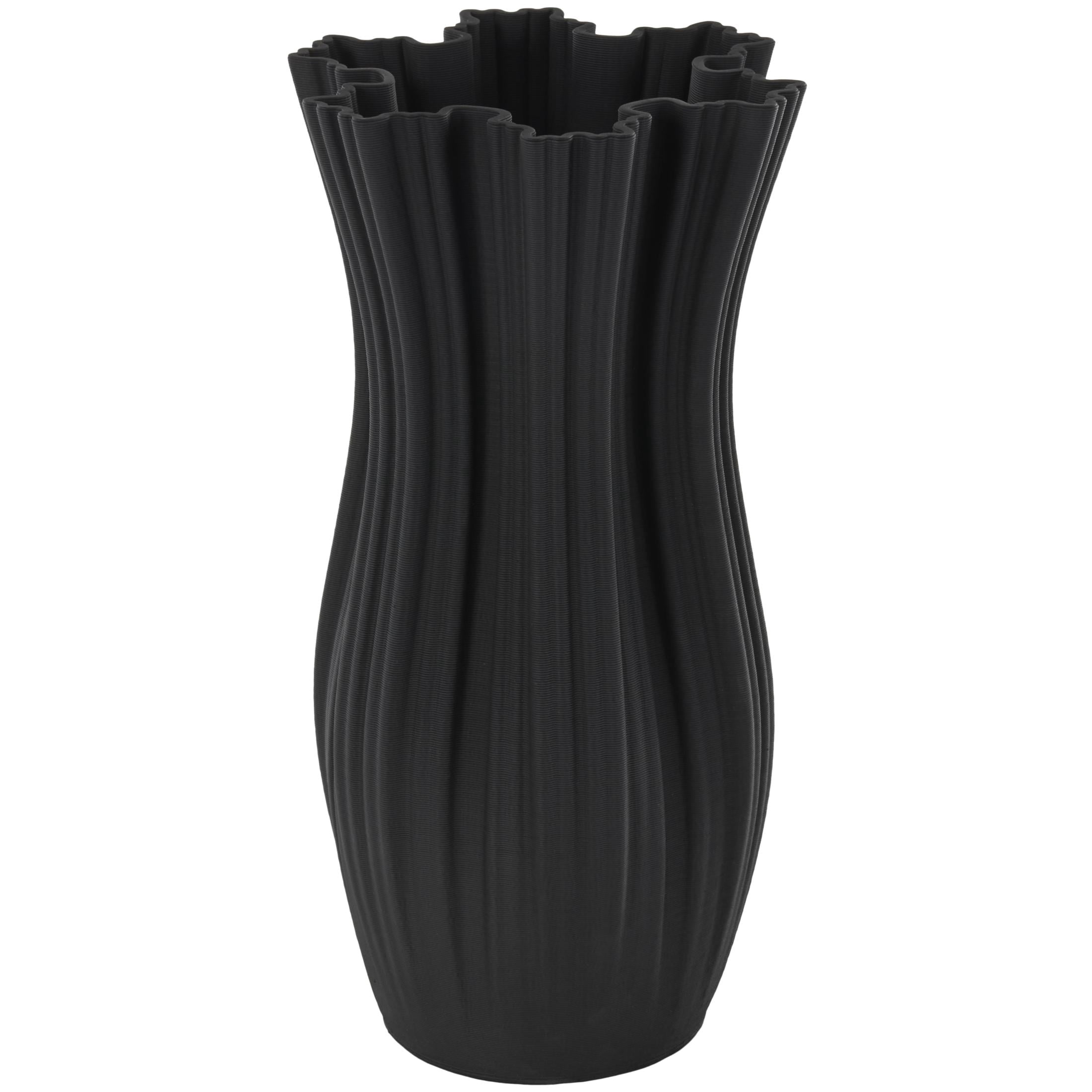 DecMode 14" Abstract Ribbed Tulip Inspired Black Ceramic Vase with Floral Shaped Rim