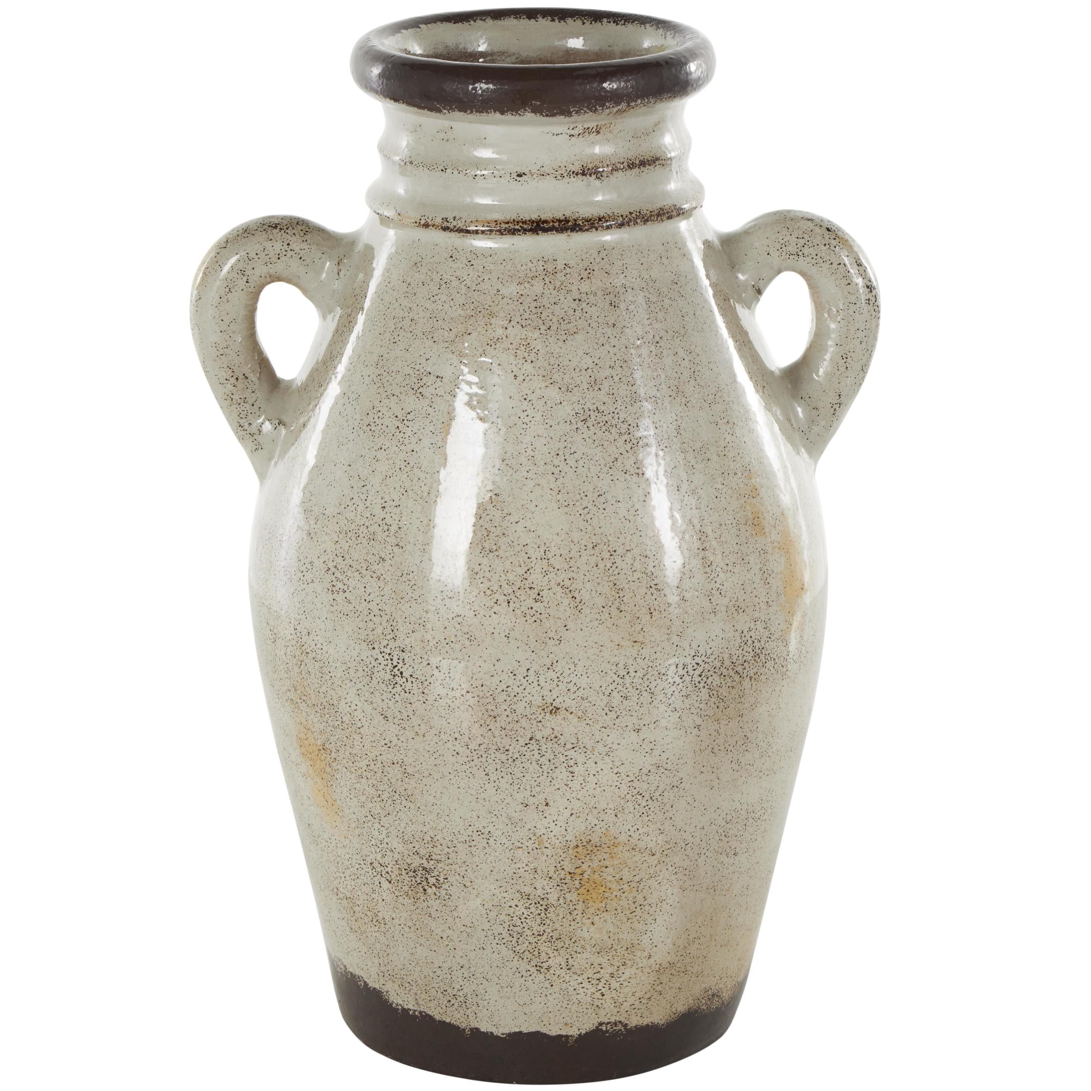 DecMode 14" Antique Amphora Cream Ceramic Vase with Speckled Texturing and Yellow and Brown Accents