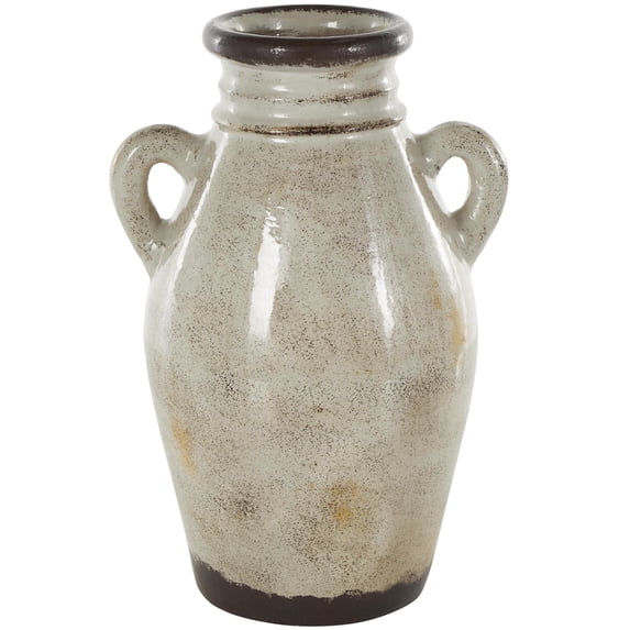 DecMode 14" Antique Amphora Cream Ceramic Vase with Speckled Texturing and Yellow and Brown Accents