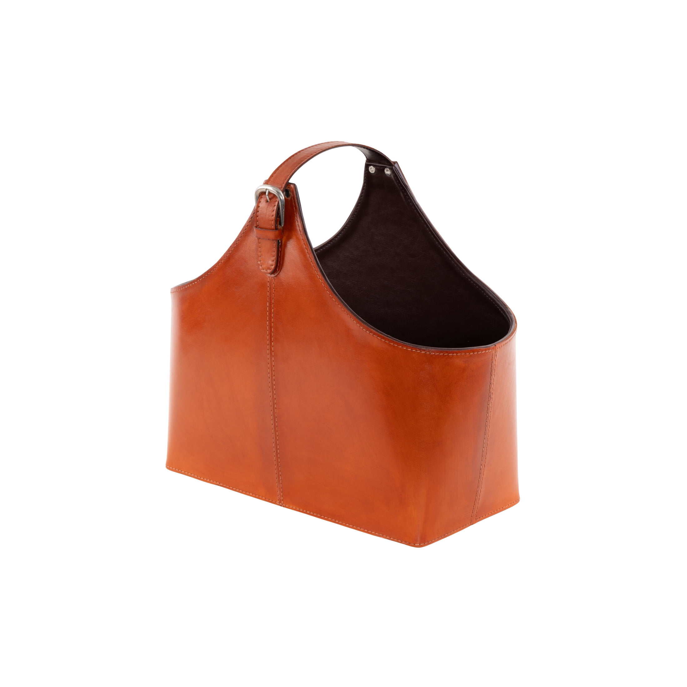 DecMode 15" Brown Leather Handmade Box Style Magazine Holder with Detail Stitching and Curved Buckle Handle