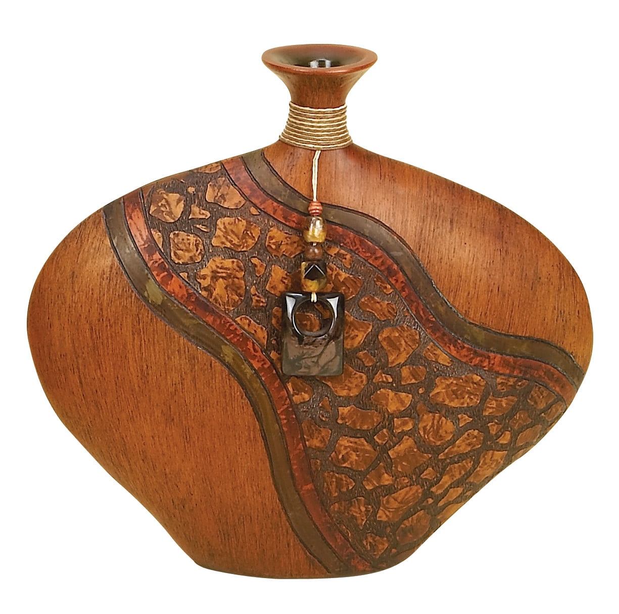 14" Cognac Brown Polystone Vase with Carved Abstract Designs