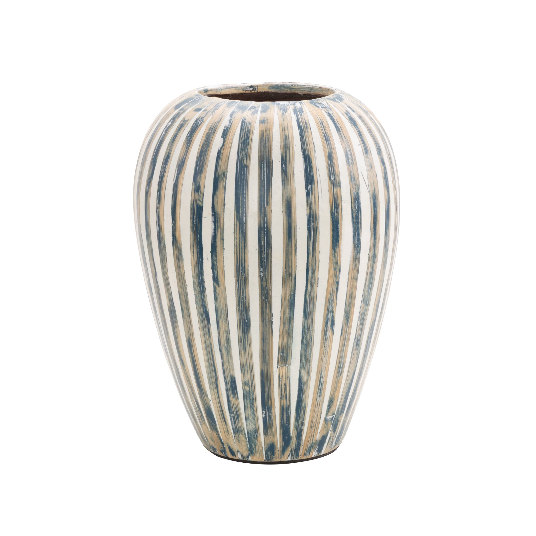 DecMode 14" Brushed Blue Bamboo Wood Vase with Cream Accents and White Stripes