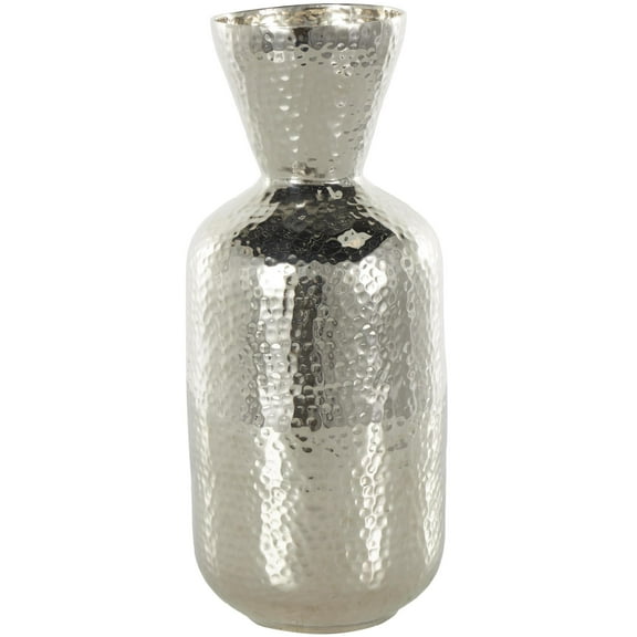 DecMode 14" Hammered Silver Aluminum Metal Vase with Cone Shaped Opening