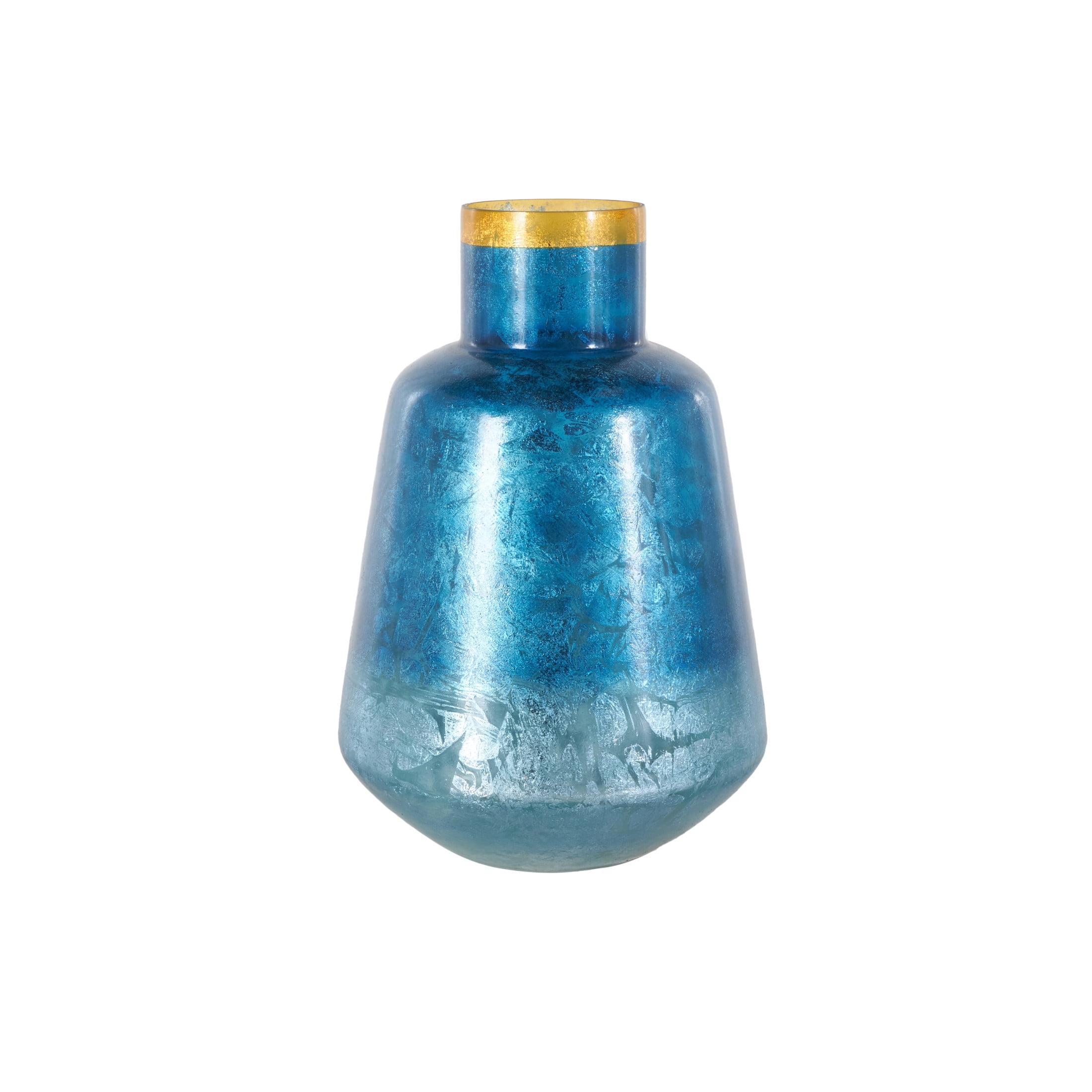 DecMode 14" Handmade Blue Glass Vase with Gold Rim