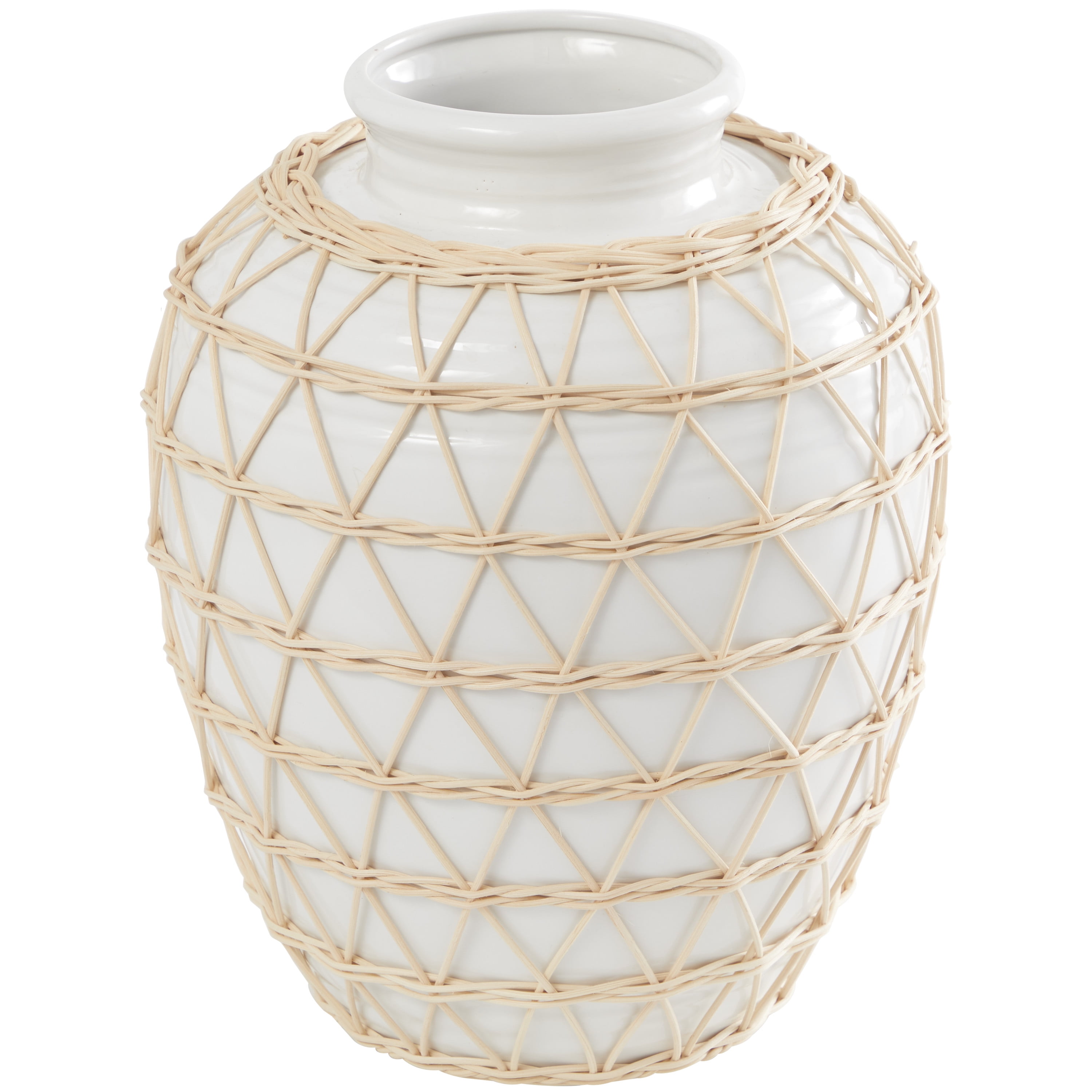 DecMode 14" Handmade White Ceramic Vase with Woven Rattan Exterior