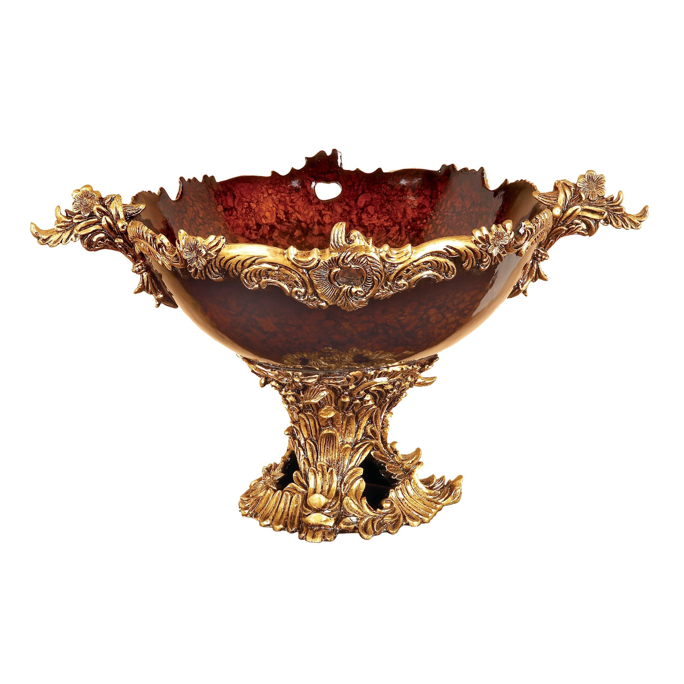 DecMode 14" Oval Intricately Carved Arabesque Leaf Gold Polystone Decorative Bowl