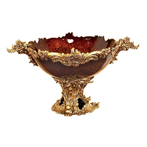 DecMode 14" Oval Intricately Carved Arabesque Leaf Gold Polystone Decorative Bowl