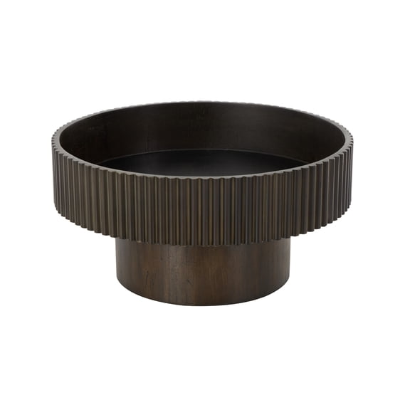 DecMode 14" Round Ribbed Dark Brown Wood Decorative Bowl with Elevated Base