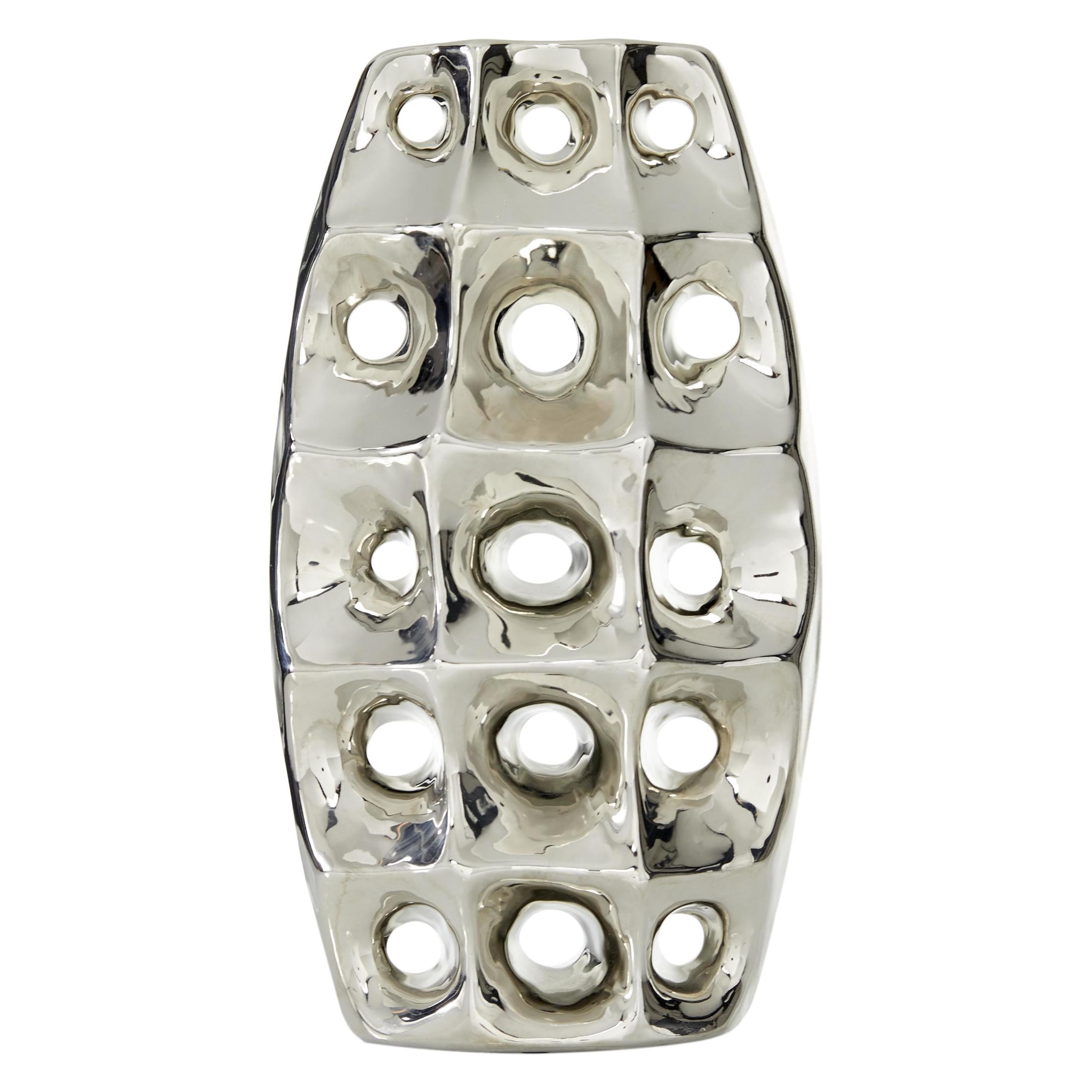 DecMode 14" Silver Ceramic Vase with Cut Out Designs
